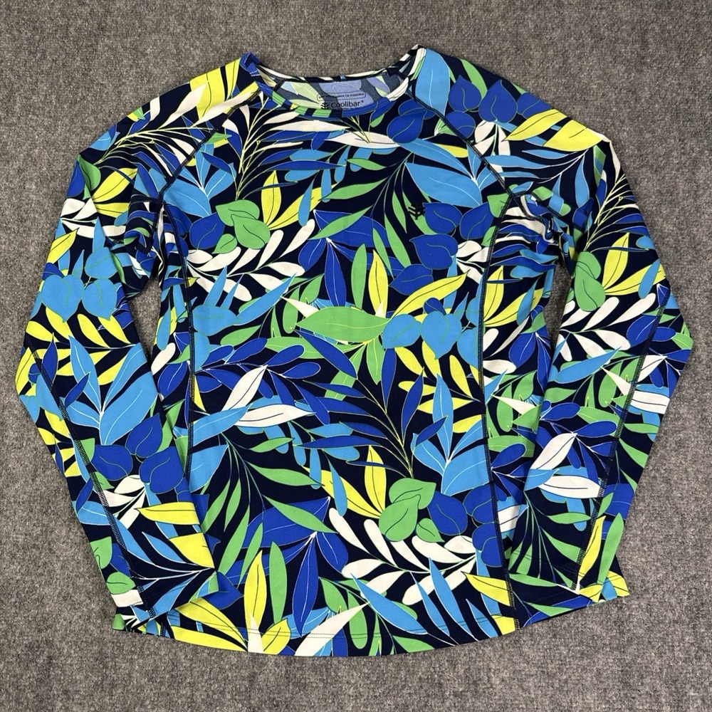 Coolibar Rash Guard Medium Blue Leaf Print UPF 50+ Sun Protection Outdoor